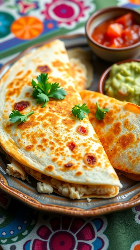 A crispy quesadilla filled with queso fresco, garnished with cilantro, served with salsa and guacamole.